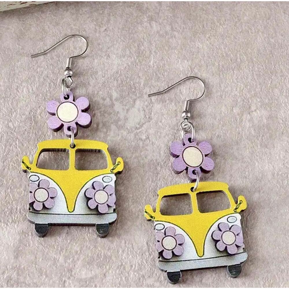 Colorful Retro Boho VW Bus Wooden Stainless Steel Earrings Yellow 1 pair - Picture 4 of 6